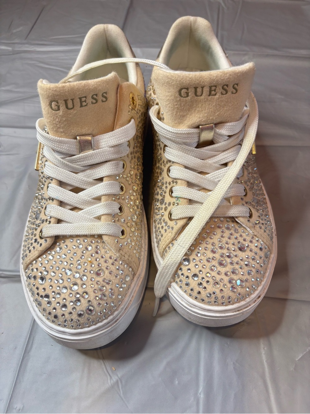 GUESS Ivory Rhinestone Crystal Embellished Low Top Sneakers Gold